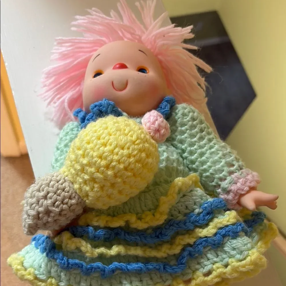 Vintage Adorable Pink and Blue Crochet Doll